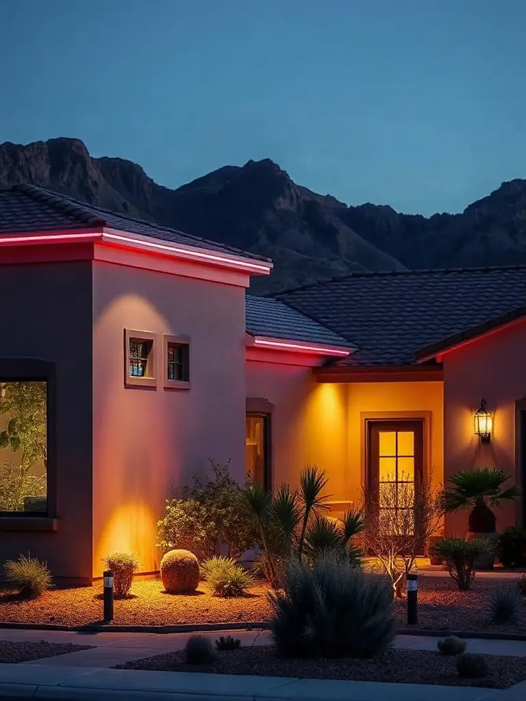 A high-resolution photo of a modern El Paso home at dusk, featuring sleek, color-changing LED roofline lighting installed along the eaves, with the Franklin Mountains in the background.