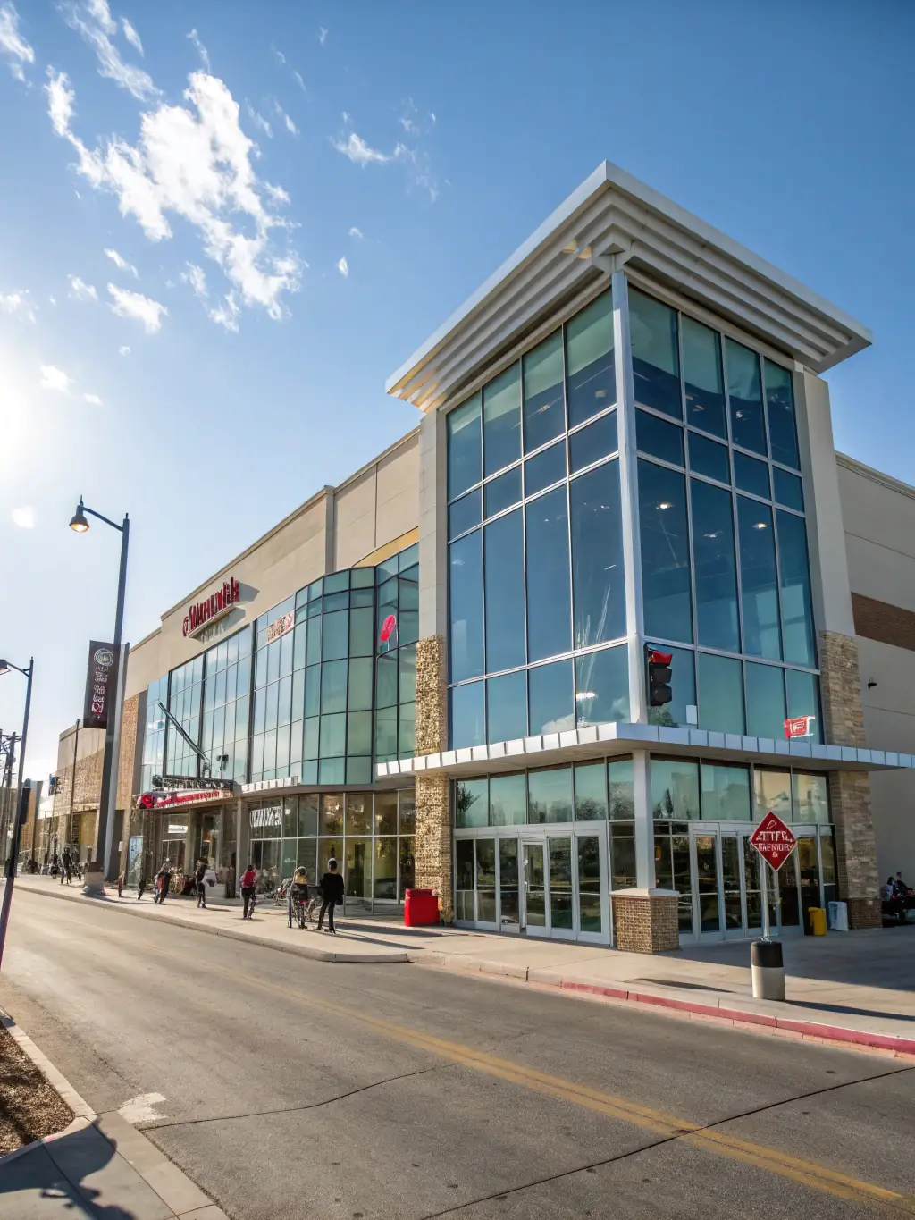 A detailed image of a commercial building in downtown El Paso with permanent white roofline lighting, highlighting enhanced nighttime visibility and a professional appearance.