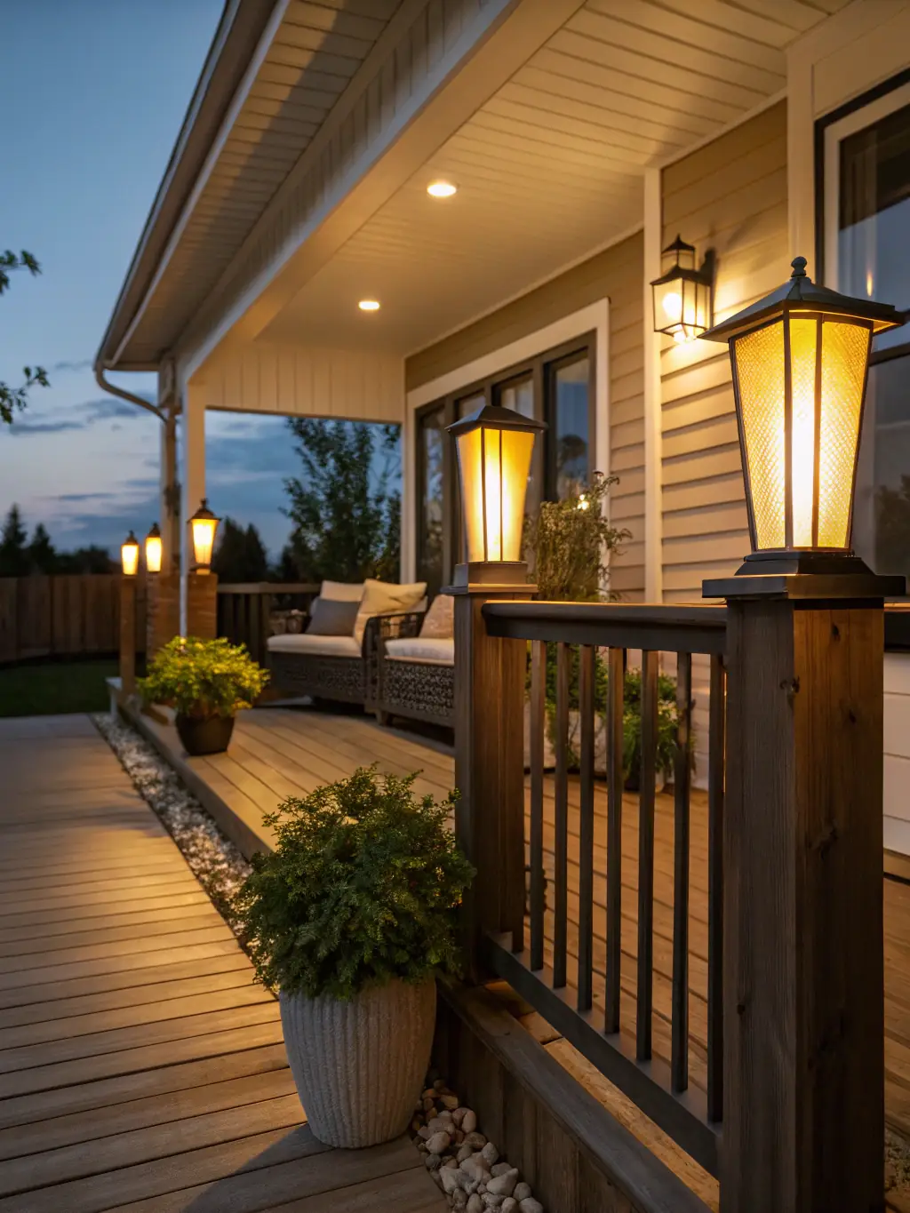 A welcoming El Paso home at night with warm white roofline lighting, illuminating the entryway and landscaping, creating a cozy and inviting atmosphere.