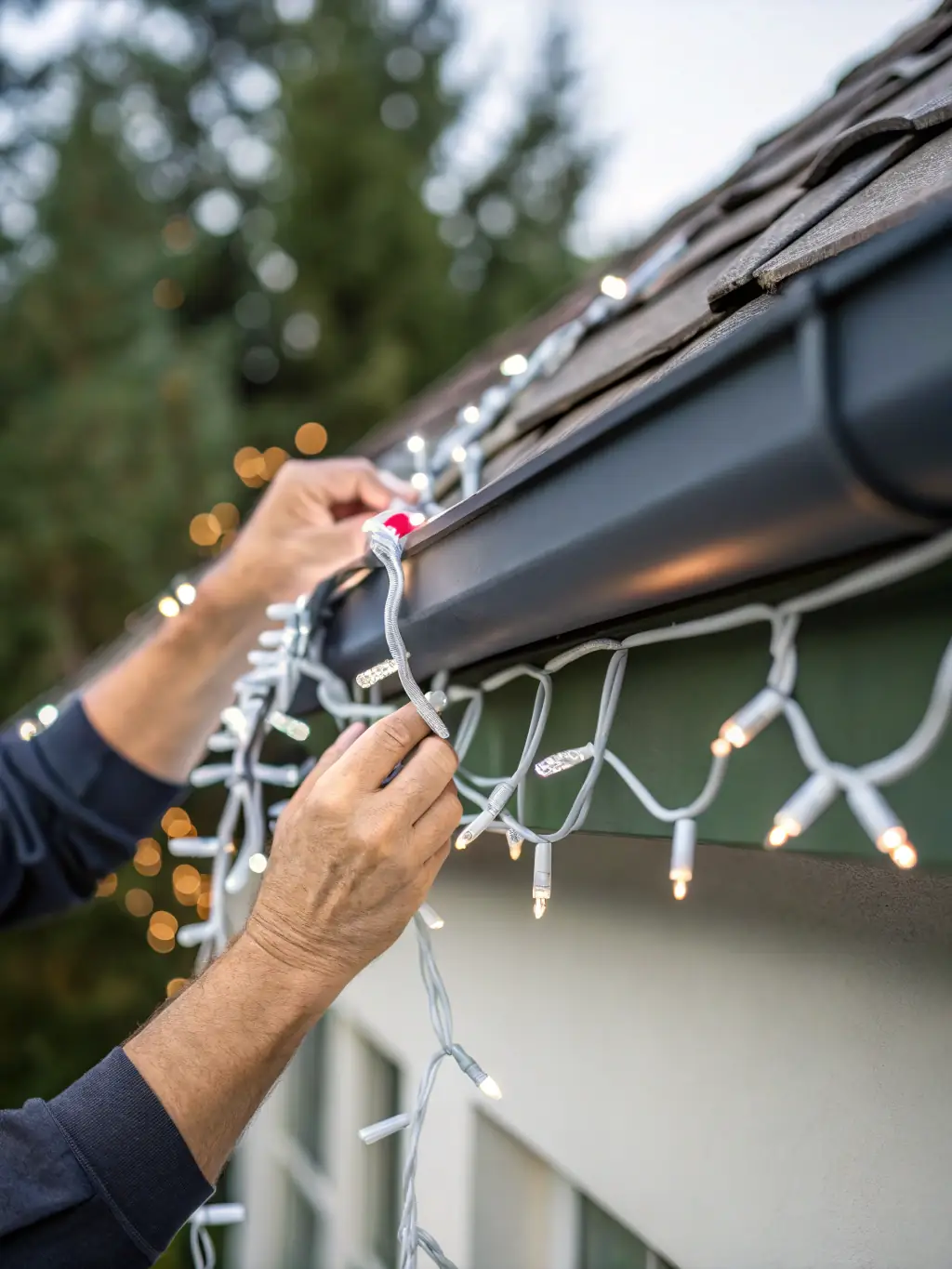 A close-up shot of a technician from Elite Edge Permanent Lighting LLC carefully installing weatherproof lighting fixtures on a residential roofline under a clear Texas sky.